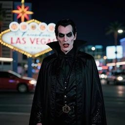 35mm photograph of a darkwave vampire on the Las Vegas strip at night by tom bagshaw, cinematic, hyper realism, high detail, octane render, 8k, trending on artstation, CGsociety, concept art, kodak portra