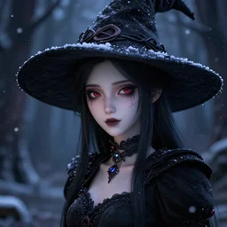 focus face portrait of beautiful darkness witch 3D anime girl, dark forest background, snowing, bokeh, inspired by Tim Burton, digital painting, high contrast, unreal engine render, volumetric lighting, high détail