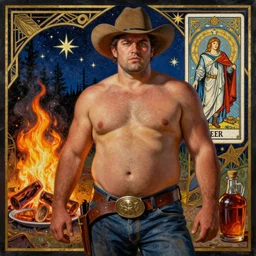 a dramatic, epic, ethereal mosaic painting of a handsome thicc shirtless cowboy with a beer belly wearing a large belt | background is a late night campfire with food and jugs of whisky | homoerotic | fire, flames, stars, tarot card, art deco, art nouveau | by Mark Maggiori | trending on artstation