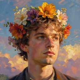 close - up portrait, surreal photography, golden hour, colorful clouds, the dude from the big lebowski, flowers as hair, impressionist painting, digital painting, artstation, simon stalenhag