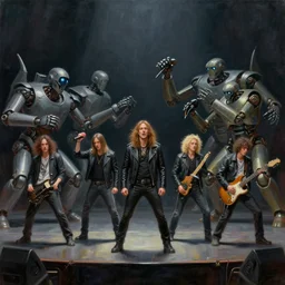 concept art, of [ rage against the machine ] band memebers on a stage, front shot!!! humans fighting with robots behind!!, detailed, dark concept art, dark skies painting by wlop, nixeu and greg rutkowski, beautiful, semirealism, artstation, octane render, oil painting, sharpness, 8 k, golden ratio