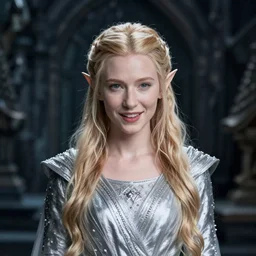 portrait of dangerous, playful, mischievous  young Galadriel (Cate Blanchett) as a queen of elves, dressed in a refined silvery garment. The background is a dark, chilling eastern europen forrest.  night, horroristic shadows, higher contrasts, (((lumnious))), dramatic, character concept art by ruan jia, thomas kinkade, and J.Dickenson, trending on Pinterest