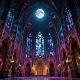 large gothic hall with large eyes on the ceiling, horror movie, moonlight, artstation, detailed, colorfull, city pop