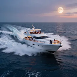 a new pelorus yacht slicing through ocean waters in high speed, twilight, pacific ocean, west coast, party vibe, white foaming waves on the either side, rippling waves in it's wake, dynamic angled shot, speed lines, beautiful views everywhere, 8 k, hyperrealistic, ultra sharp, octane render, unreal engine, party lights on deck, artstation, very detailed, 1 6 k, eerie moon eclipse cinematic scenery