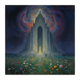 a beautiful painting of a large alien shrine shrouded by mystic nebula magic in a field of flowers by moebius