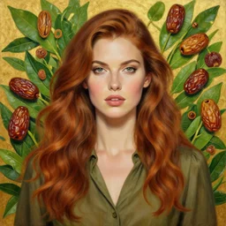epic painting drawing, full figure portrait of beautiful supermodel face poses wearing olive blouse, long brown red wavy hair, green tea leaves background with sweet dried dates fruits, medjool dates, dried dates, photography by amy leibowitz, wlop, jeremy lipkin, beeple, intricate, symmetrical front portrait, artgerm, golden glowing background