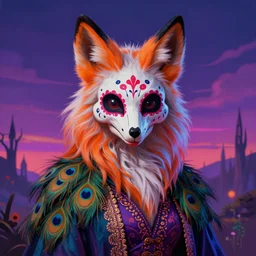 a photorealistic portrait of dia de los muertos fox skull kitsune with long fluffy furs and ears, clothes themed on a peacock mage, painting by jeff easley, stylized, neon, vhs, 8 0 s, dnd beyond, fae wilds sky