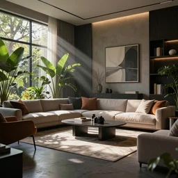 4 k dslr photo of a elaborate contemporary living room, beautiful furnishings and house plants, dramatic lighting, particles, volumetric lighting, deep colors, reflections, raytracing, shadows, sunbeams, atmosphere, vibe, very detailed, gigapixel