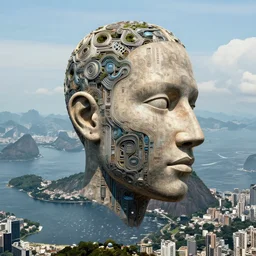 a enormous giant head floating above rio de janeiro by simon stalenhag, intricate, award winning, cinematic, sci fi, futurist