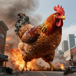 a giant chicken the size of godzilla rampaging around downtown edmonton alberta, destruction, fire, smoke, realistic, 8 k