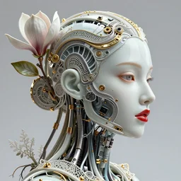 complex 3d render ultra detailed of a beautiful porcelain profile woman face, mechanical cyborg, 150 mm, beautiful natural soft light, rim light, silver gold details, magnolia big leaves and stems, roots, fine foliage lace, maze like, mesh wire, intricate details, hyperrealistic, ultra detailed, mandelbrot fractal, anatomical, red lips, charcoal, glass, white metal neocubism armor, facial muscles, cable wires, microchip, elegant, octane render, H.R. Giger style, 8k