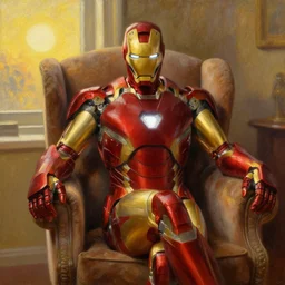 detailed oil painting of iron man sitting in an armchair in a room with the setting sun, by thomas kinkade, rembrandt, golden hour