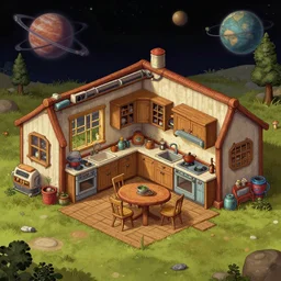 kitchen of a farm house, on a remote planet, with retro sci fi furniture, from a space themed point and click 2 d graphic adventure game, detailed, set design inspired by hg giger, art inspired by thomas kinkade