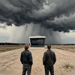 storm chasing by dan mumford and peter doig and edward hopper, symmetrical, minimal, black ink, thick lines highly detailed, muted colours 8 k
