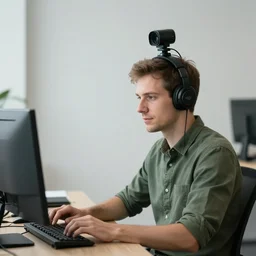 caucasian man with green shirt sitting in front of computer with camera! mounted on top