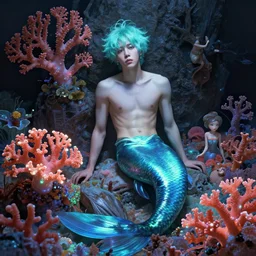 harmony of neon glowing coral, ( cyan hair merman yoongi portrait ) by wlop, james jean, victo ngai, muted colors, highly detailed, fantasy art by craig mullins, thomas kinkade,