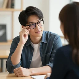 attractive guy using glasses trying to talk to a girl