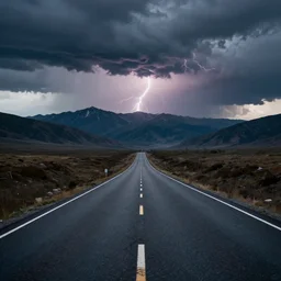a road in the Center of the image, going off into the distance. In the background is a mountain range. Storm clouds and lightning on the horizon. Matte painting, cinematic, epic.