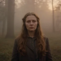 portrait bust of woman, solemn expression, faded color film, russian cinema, tarkovsky, kodachrome, heavy forest, long brown hair, old clothing, heavy fog, atmospheric haze, brown color palette, sunset, low light, dramatic lighting