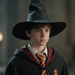 a realistic wizard teenager wearing a wizard cap, cinematic scene