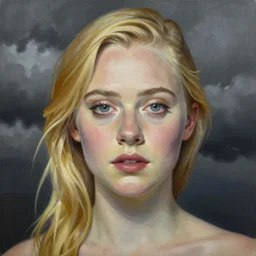professional painting of Elle Fanning in the style of George Tooker, head and shoulders portrait, symmetrical facial features, smooth, sharp focus, illustration, intricate, stormy weather, extremely detailed masterpiece,