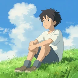 a boy sitting on the lawn, blue sky and white clouds, makoto shinkai style