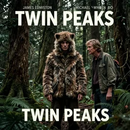 Twin Peaks poster art, of Michael Shannon discovering a man dressed as a Furry in the woods, mysterious creepy, poster artwork by James Edmiston, Michael Whelan, Bob Larkin and Tomer Hanuka, Kilian Eng, Ed Emshwiller, Glenn Fabry, Joe Jusko, Martine Johanna, Chris Moore, from scene from Twin Peaks, simple illustration, domestic, nostalgic, from scene from Twin Peaks, clean, full of details, by Makoto Shinkai and thomas kinkade, Matte painting, trending on artstation and unreal engine