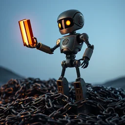 humanoid robot holding up a glowing book with one hand, while standing on a pile of chains