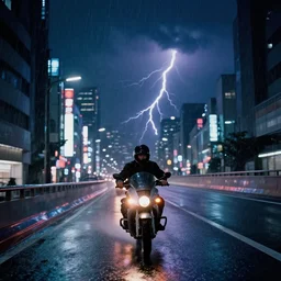 a single knight rider, speeding down tokyo highway in the rain, night time, neon lights, thunderstorm, movie still from the film bladerunner
