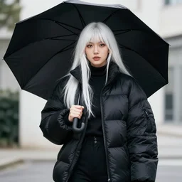 a vogue fashion portrait of a woman wearing black puffy street wear and a black parachute with all the white hair in the world