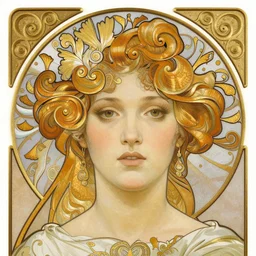 realistic dramatic detailed face portrait of Salome by Alphonse Mucha, Greg Hildebrandt, and Mark Brooks, gilded details, spirals, Neo-Gothic, gothic, Art Nouveau, ornate medieval religious icon