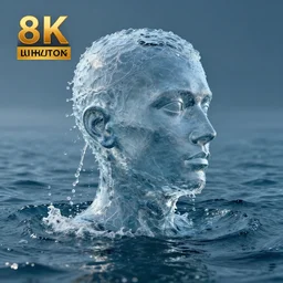 a sculpture made of water in the shape of a human head, on the ocean water, water manipulation photoshop, behance, ray tracing, cinematic, in the style of johnson tsang, long shot, hyper detailed, hyper realistic, 8 k resolution, sharp focus, realistic water, award winning