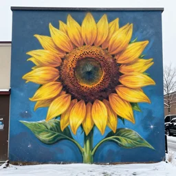 sun flower during winter as graffiti mural by lee, masterpiece, trending on artstation