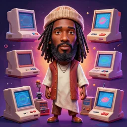 stylish caricature 3 d vfx drew struzan movie poster art of an african jesus surrounded by retro gaming consoles, art style by james jean & hsiao - ron cheng, unreal engine render, digital illustration, sharp, intricate detail, volumetric lighting, ray tracing, soft light, neon, claymation style, ernie barnes style, symmetry, acrylic on canvas, pinterest, artstation,