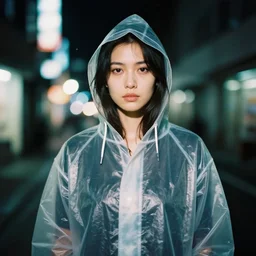 detailed and realistic portrait photography at night of a woman wearing a transparent raincoat with hoodie by Shelley Richmond. Cinematic. Lens flare. Portra 800 film. Helios 44m. Neo Tokyo style.