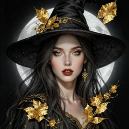 golden leaves, creative composition for a book cover, moon, beautiful portrait painting by jeremy mann, a female witch absurdly beautiful, elegant, ultrafine hyperrealistic detailed face illustration by wlop and artgerm and greg rutkowski, intricate linework, sharp focus, smooth, octopath traveler, final fantasy, unreal engine, dramatic lighting, ethereal, 8 k