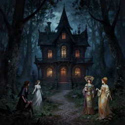 frightening witch house in the dark woods, at night, path traced, highly detailed, high quality, digital painting, alena aenami, lilia alvarado, shinji aramaki, karol bak, alphonse mucha, tom bagshaw