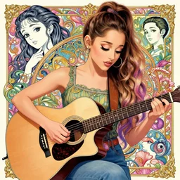 Ariana Grande playing acoustic guitar, colorful, graphic design, manga, highly detailed, beauty, art by Takehiko Inoue, intricate, elegant, J. C. Leyendecker