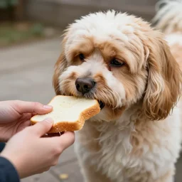 a detailed photo of a tibetan spaniel stealing a sandwich off a person
