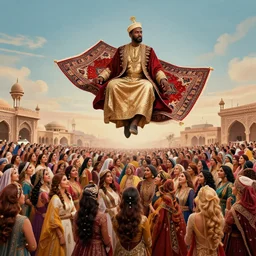 a brown man with 10,100 adoring wives. the sultan is floating in the sky with a magical carpet.