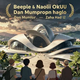 Panorama view of an anime scenery by Beeple and naomi okubo and dan mumford and zaha hadid