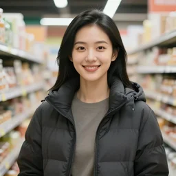 character design portrait of a smile grocery asia woman ， black hair, wearing a down jacket, looking at the camera, 4 k, concept art, by wlop, wenjun lin, watercolor, ilya kuvshinov, artgerm, krenz cushart, pixiv.