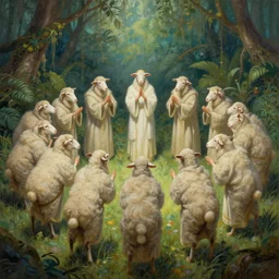 sheep wearing robes standing in a circle, performing a sacrifice, mysterious jungle painting, elegant intricate digital painting artstation concept art by mark brooks and brad kunkle detailed