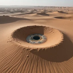landscape photo of crater in desert that looks like a pupil surrounded by sand that looks macro detail of an iris