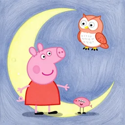 peppa pig and an owl on the moon. realistic watercolor and pencil painting.