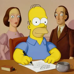 surrealist portrait of homer simpson drawing himself!! art by normal rockwell and salvador dali and rene magritte, 4 k