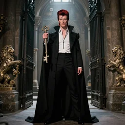 david bowies as lucifer from neil gaimans sandman, standing at the gates of hel, holding a liong skeletal key