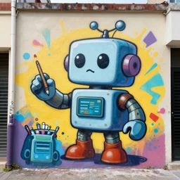 retro cute robot painter as graffiti mural by lee, masterpiece, trending on artstation