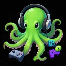 an acqua green little octopus playing videogames, with various joypads in his tentacles, he is wearing a pair of headphones, black background, digital drawing, photoshop, high definition, good shading, artstation contest winner, octane render, discord profile picture, twitch emote