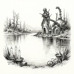 beautiful ink sketch, dieselpunk high fantasy, candles on a lake, by chris riddell, ilya kuvshinov, wlop, krenz kushart, boris vallejo, ayami kojima and ayami kojima